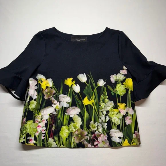 Victoria Beckham Target Floral Crop Blouse Black Garden Print Top S Statement - Picture 2 of 9